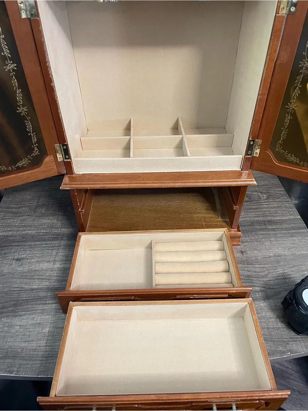 Vintage Mele Wood Jewelry Armoire Etched Glass Box